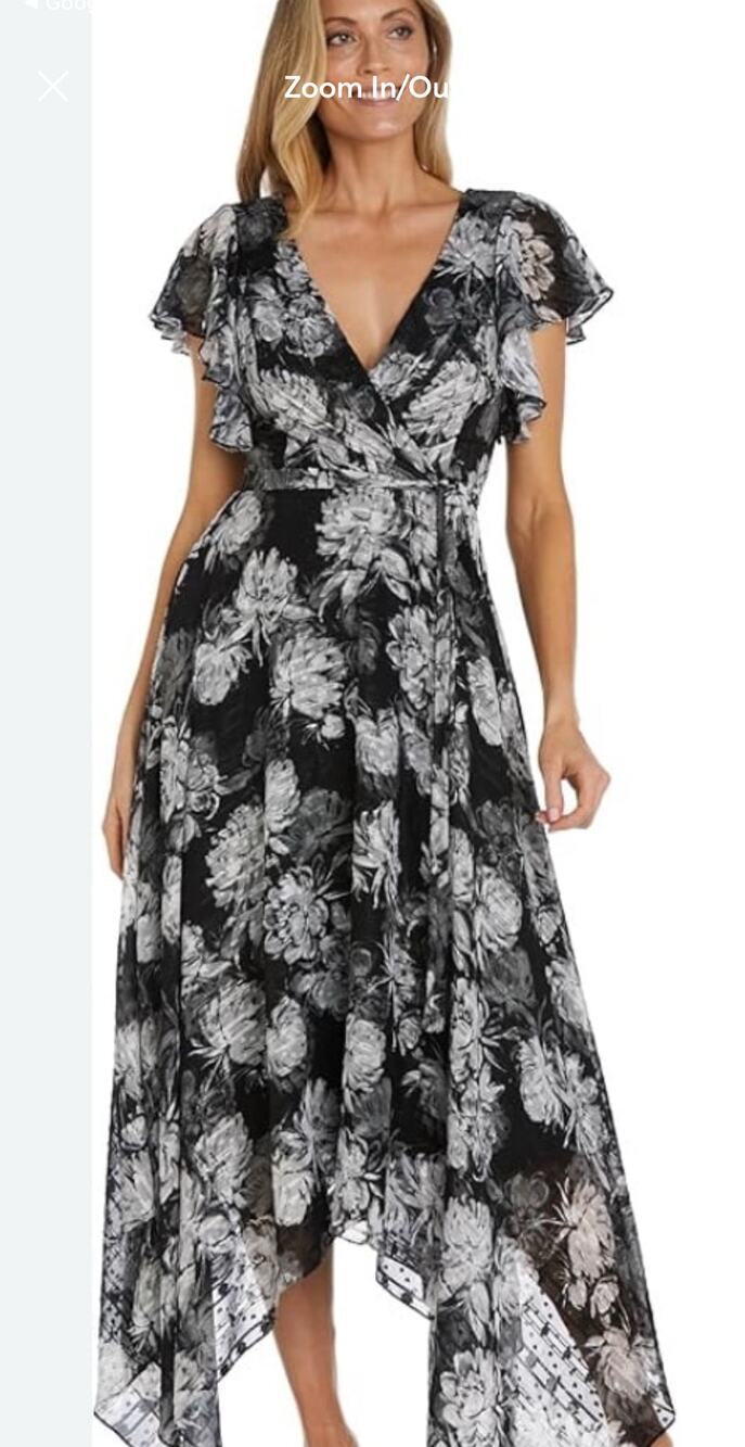 Nightway Womans Floral V Neck Flowy Dress Black White Size 6